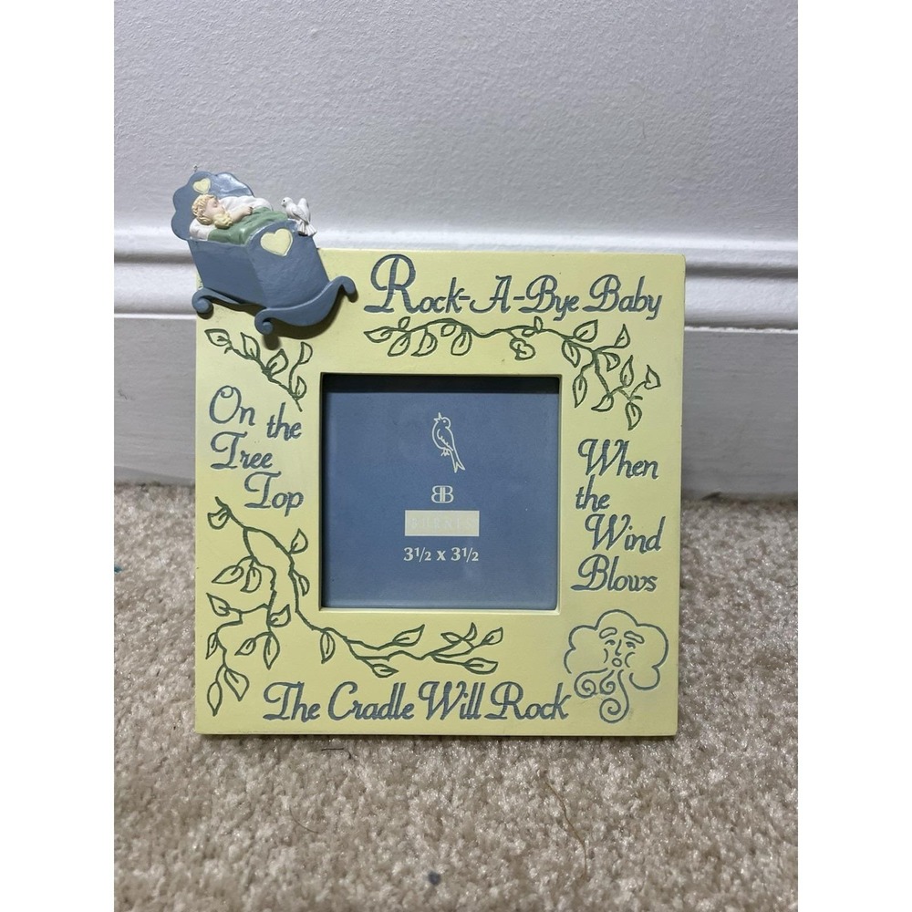 Vintage Hand Painted Rockabye Baby Yellow Nursery Decor Photo Frame 3.5 x 3.5